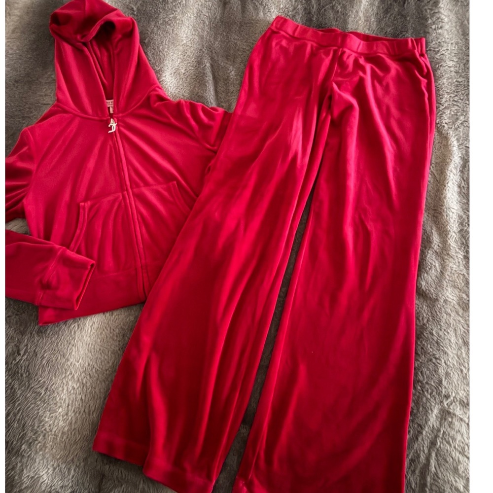 Juicy Couture Red Velour Tracksuit Set Hoodie Wide Leg Rhinestone Logo Womens M